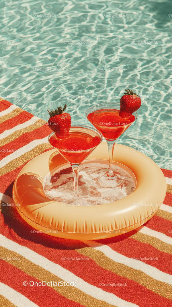 Strawberry Cocktails with Fruit Garnish at Poolside