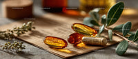 Amber and Gold Herbal Supplement Pills on Rustic Paper with Greenery