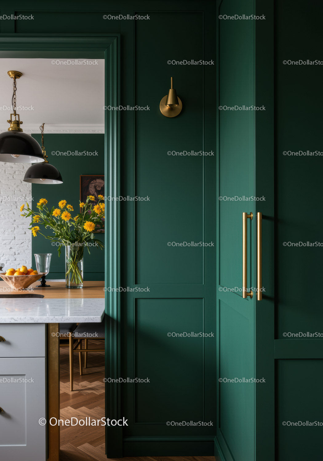 Elegant Green Kitchen with Gold Hardware and White Marble Countertop
