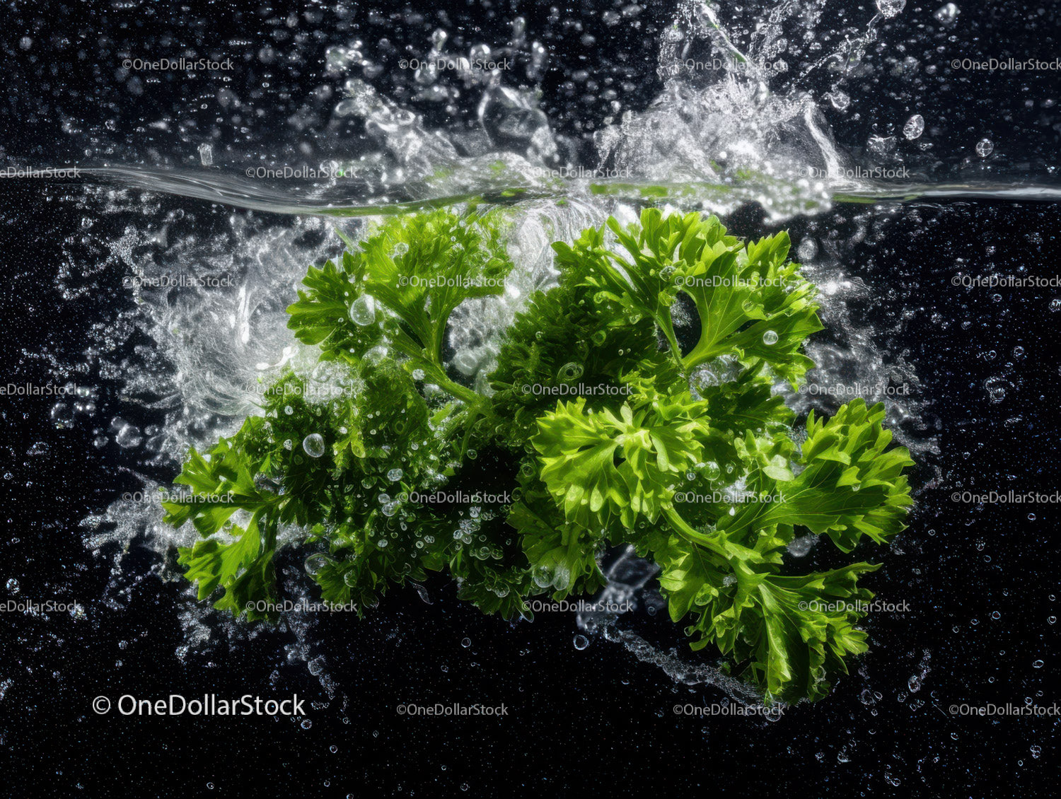 Fresh Green Parsley with Water Splash in a Dynamic Scene