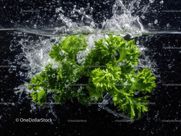 Fresh Green Parsley with Water Splash in a Dynamic Scene
