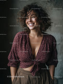 Young Woman with Curly Hair Wearing Stylish Outfit and Smiling