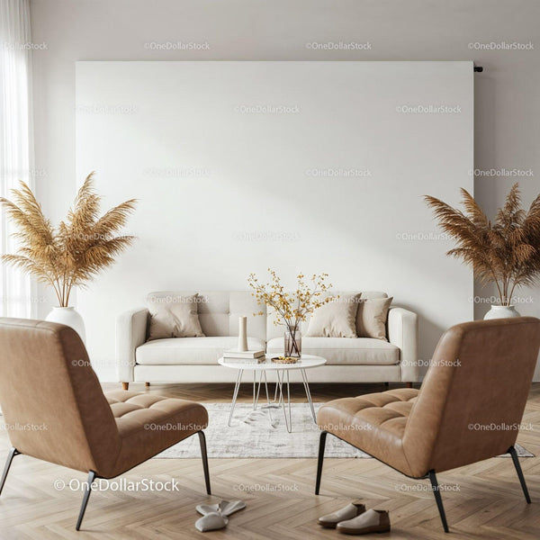 Cozy modern living room with neutral tones and natural decor JPG Mockup Image