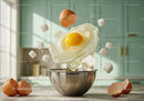 Fresh egg and sugar cubes dropping into mixing bowl