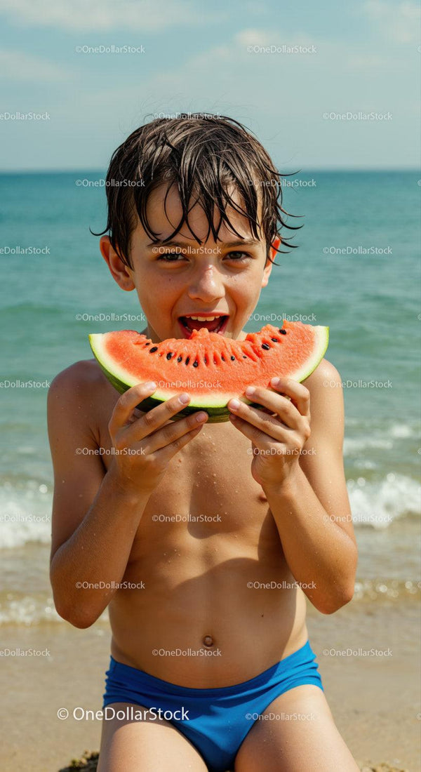 Happy Boy Enjoying Juicy Watermelon at Beach in Summer Stock Photo Bundle (10 JPG Files)