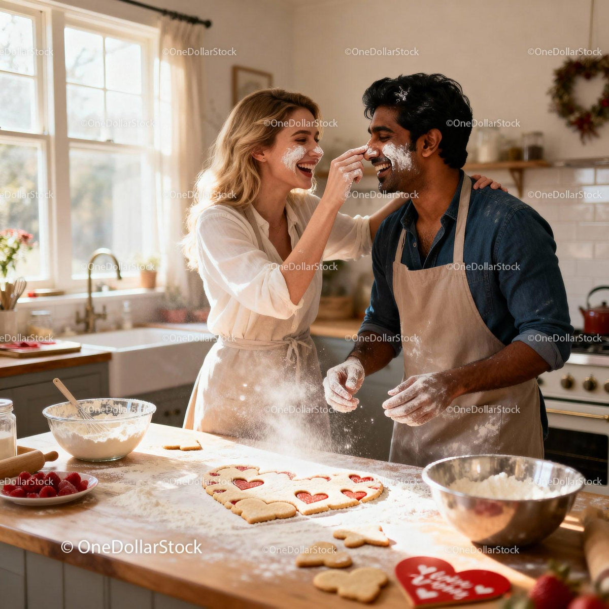 Couple Playfully Baking Heart-Shaped Cookies Together