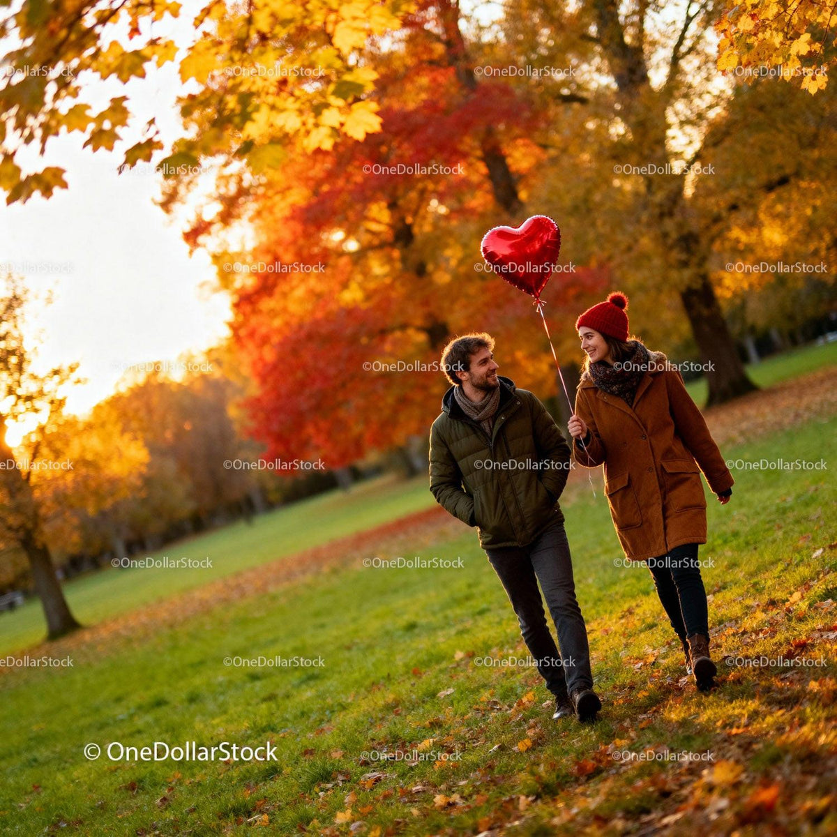 Couple Walking in Autumn Park Holding Heart Balloon