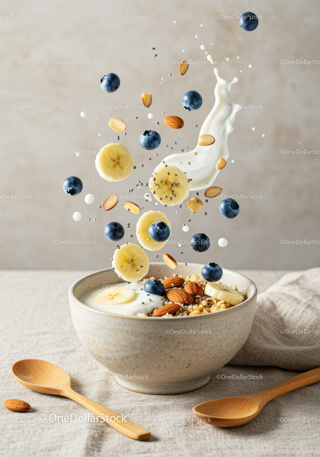 Fresh yogurt bowl with fruits nuts and chia seeds splash