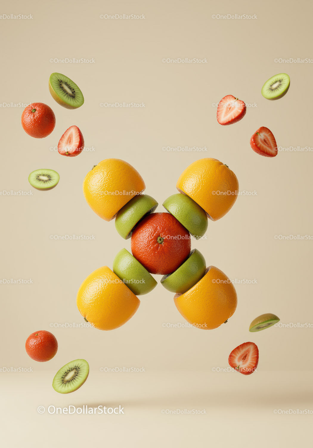 Creative arrangement of citrus and tropical fruits in motion
