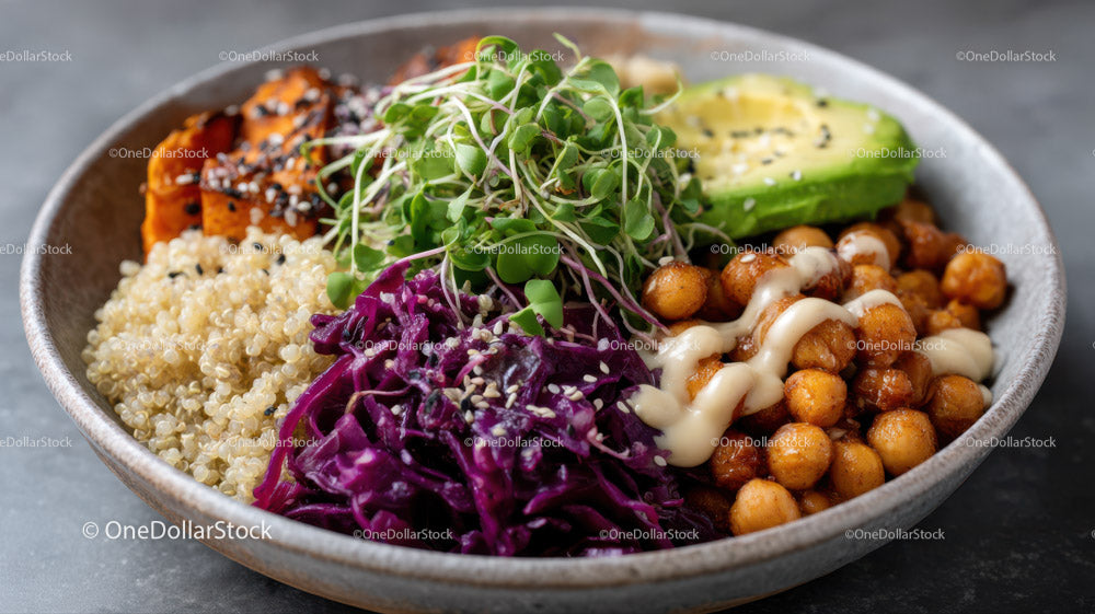Healthy Colorful Vegetarian Bowl with Chickpeas Quinoa and Greens