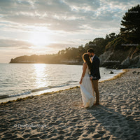 Romantic Beach Sunset Wedding Scene with Couple Embracing