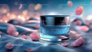 Elegant Glass Jar of Skincare with Pink Petals on Soft Fabric