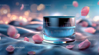 Elegant Glass Jar of Skincare with Pink Petals on Soft Fabric