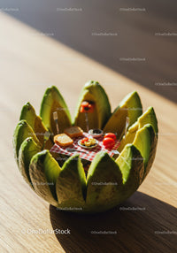 Miniature Picnic Scene Inside Sliced Avocado Bowl