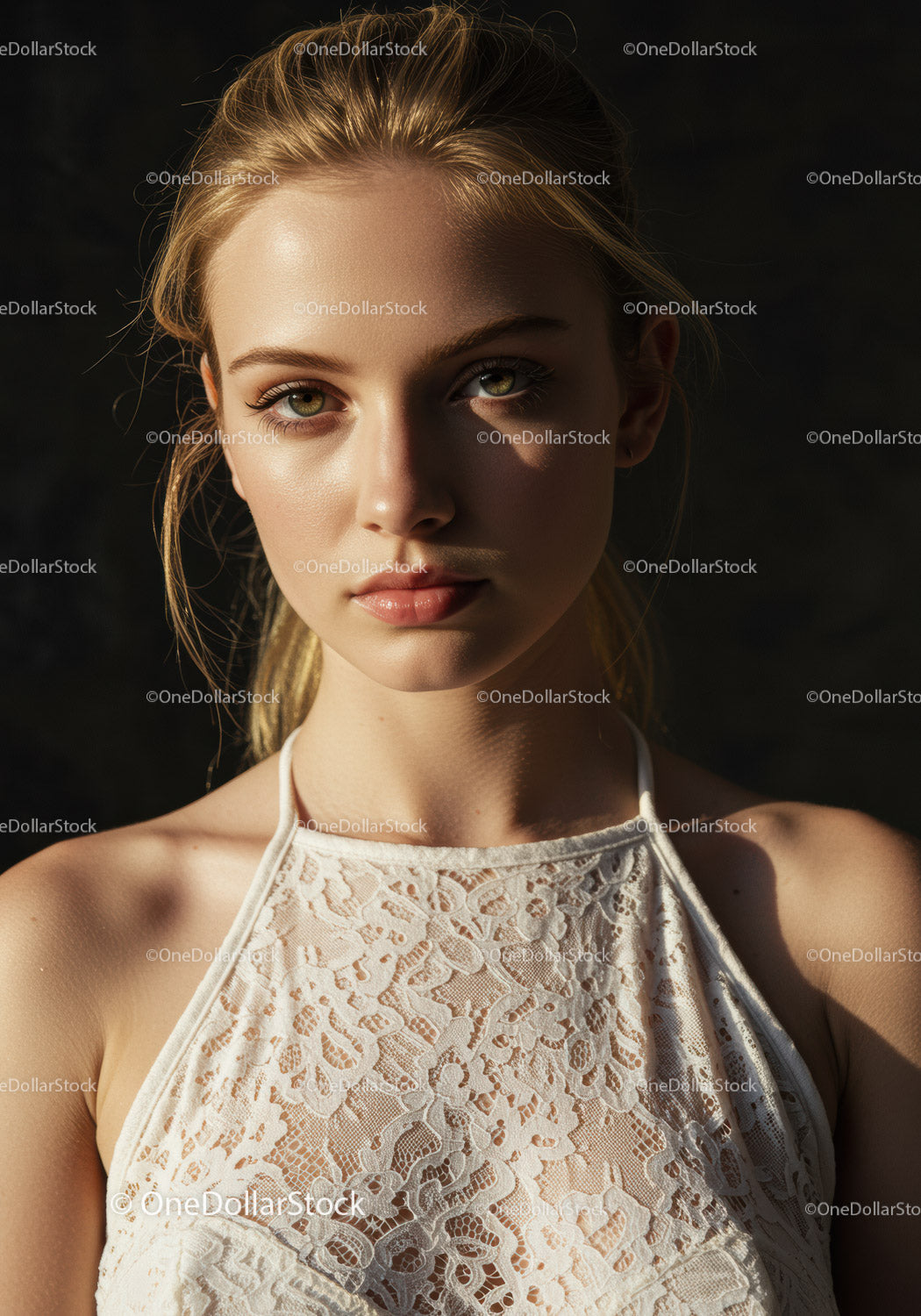 Elegancki portret młodej kobiety o zielonych oczach i blond włosach w naturalnym świetle