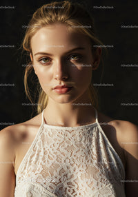 Elegant Portrait of a Young Woman with Green Eyes and Blonde Hair in Natural Light