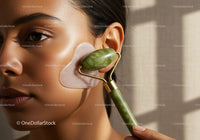 Close-Up of Woman Using Jade Roller for Skin Rejuvenation and Relaxation
