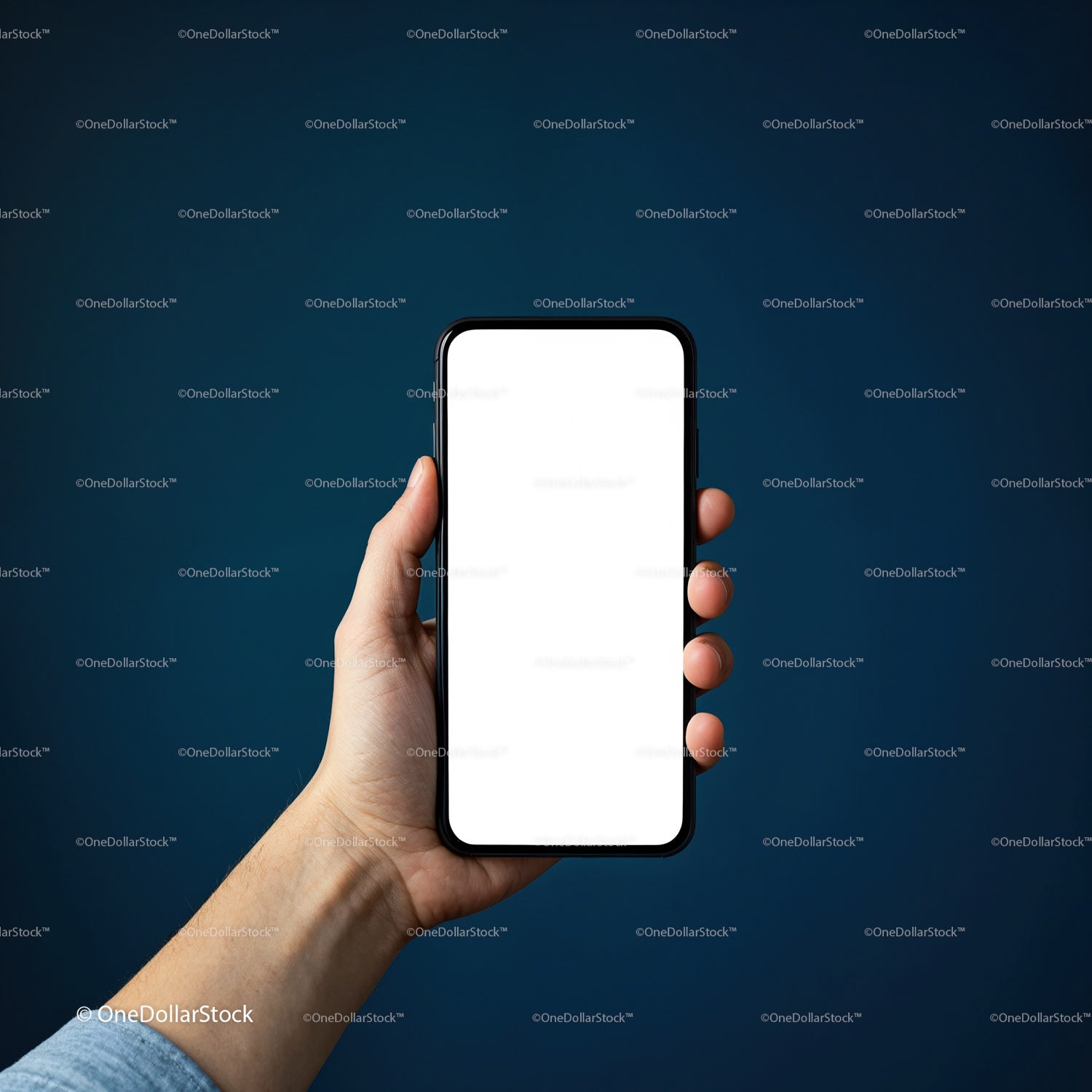 Ręka trzymająca smartfon z pustym, białym ekranem
