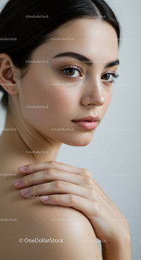 Close-Up Portrait of a Young Woman with Flawless Skin and Piercing Eyes