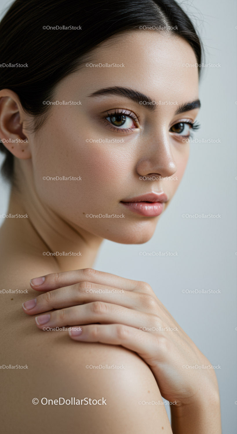 Close-Up Portrait of a Young Woman with Flawless Skin and Piercing Eyes