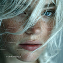 Close-up of Young Woman with Freckles and Silver Hair
