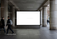 Blank white billboard in urban stone column walkway