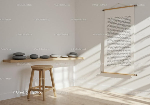 Minimalist room with balanced stones and wall scroll art