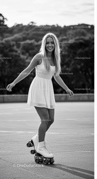 Young woman roller skating outdoors in summer dress