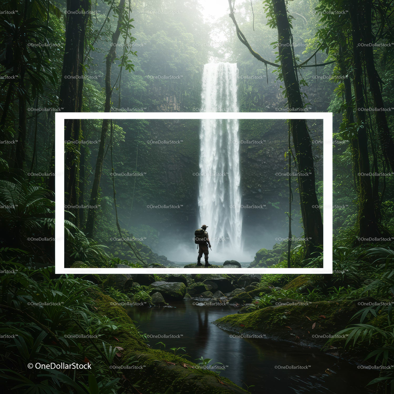 Explorer Standing Before Majestic Waterfall in Lush Jungle