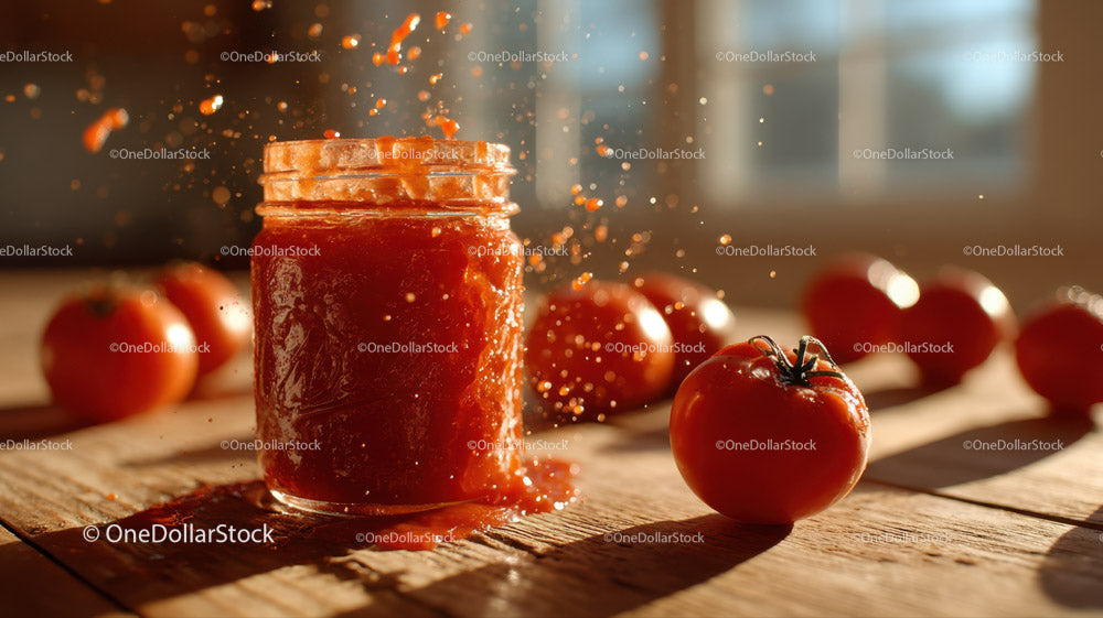 Vibrant Tomato Sauce Splash with Fresh Tomatoes in Background