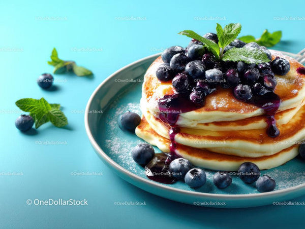 Stack of Pancakes with Blueberries and Fresh Mint on Bright Blue Background