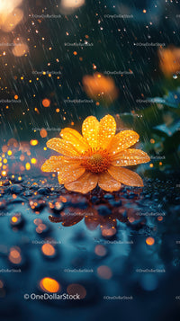 Vivid Orange Flower in Rain with Water Droplets in Bloom Scene