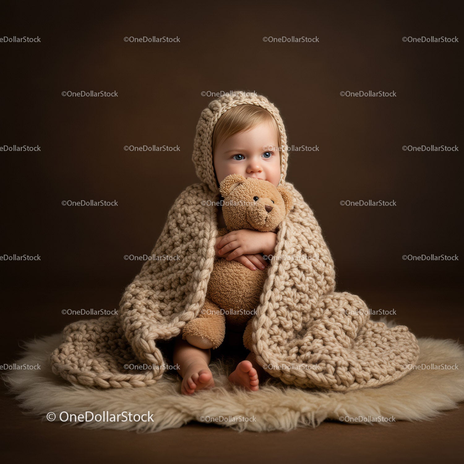 Cute baby wrapped in knitted blanket hugging teddy bear