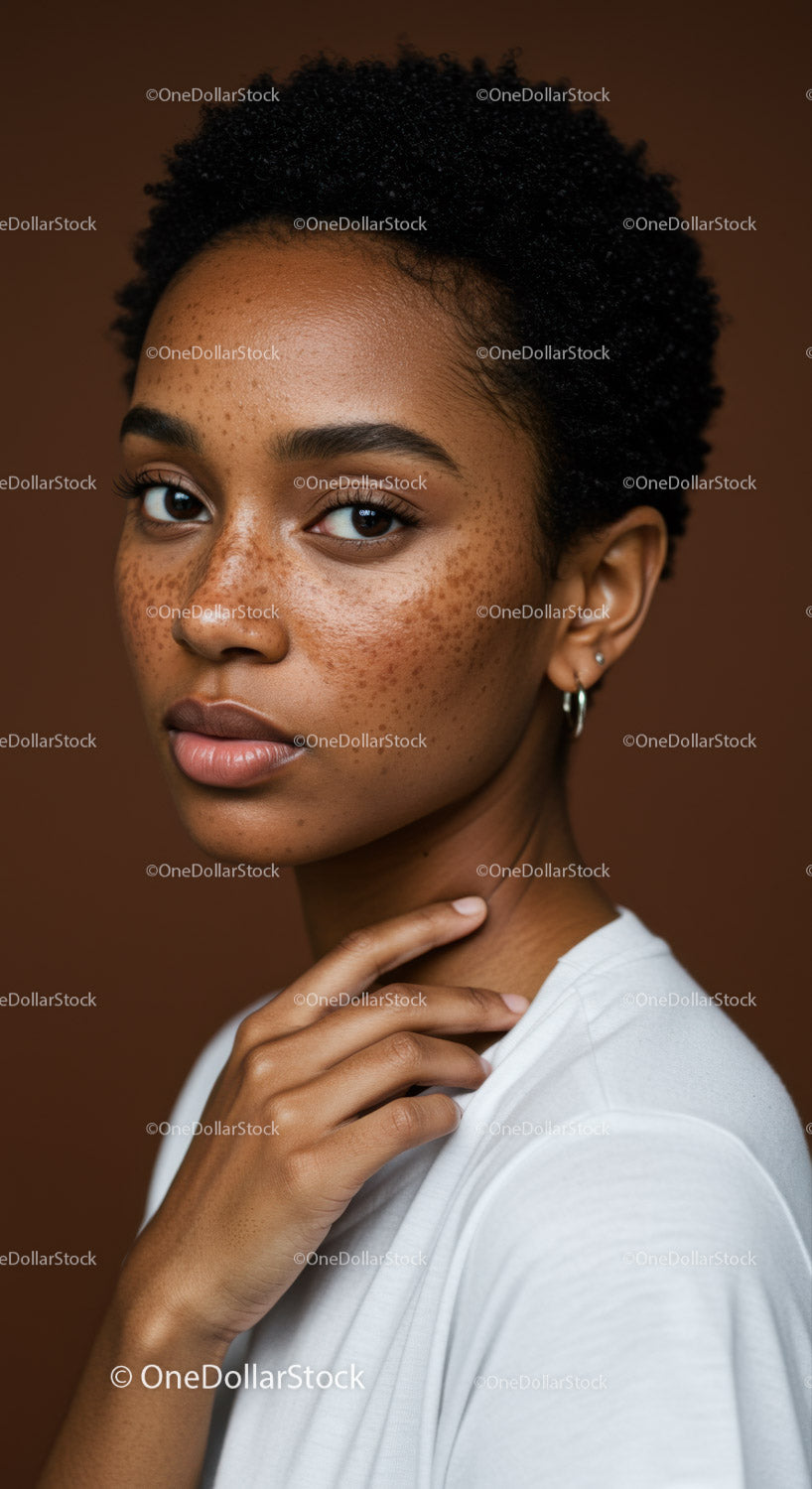 Portrait of a Beautiful Woman with Freckles and Natural Curly Hair
