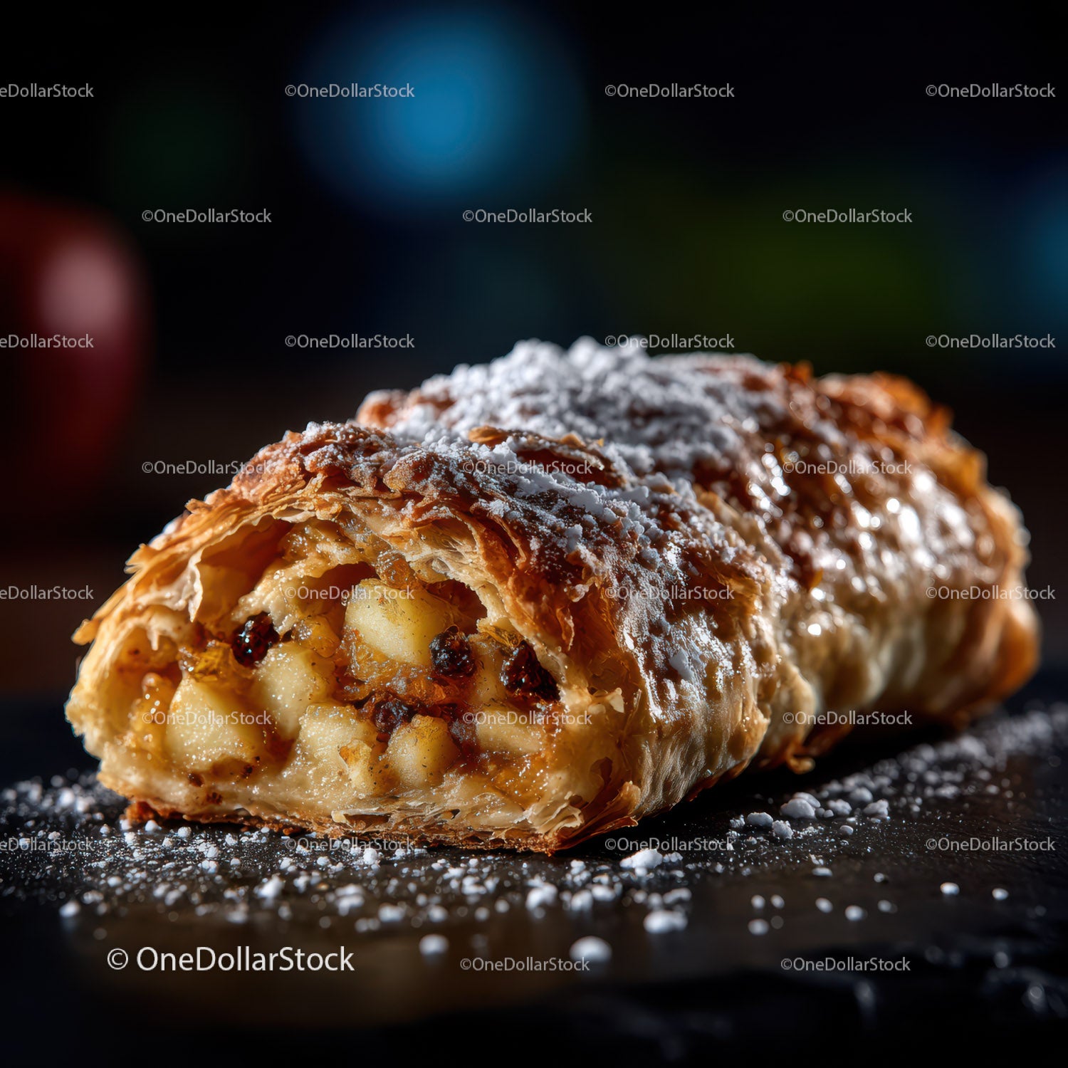 Fresh Apple Strudel with Powdered Sugar in Close-up