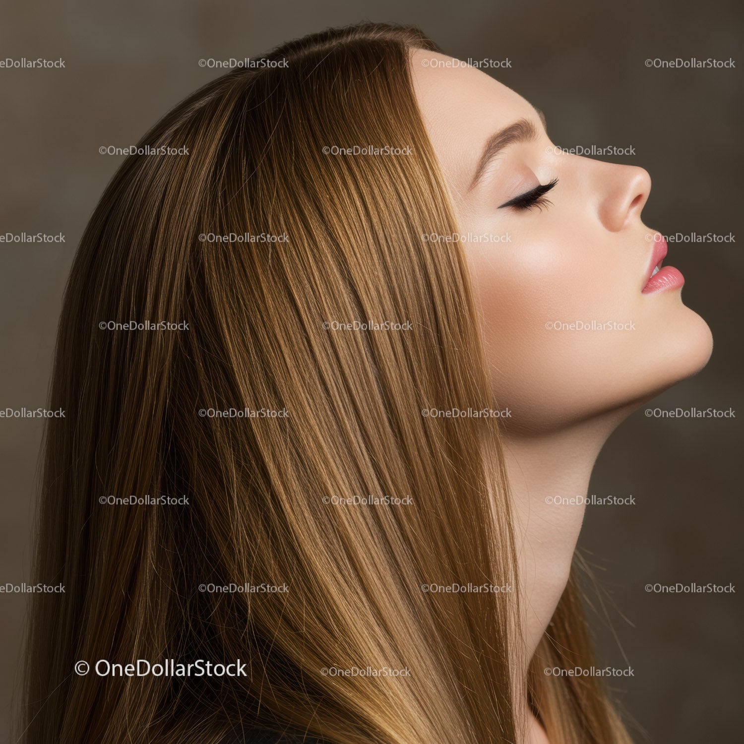Peaceful young woman with flowing brown hair profile