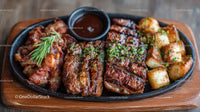 Gourmet Barbecue Ribs with Roasted Potatoes and Dark Sauce