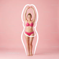 Young Woman in Pink Bikini Stretching Against Pink Background