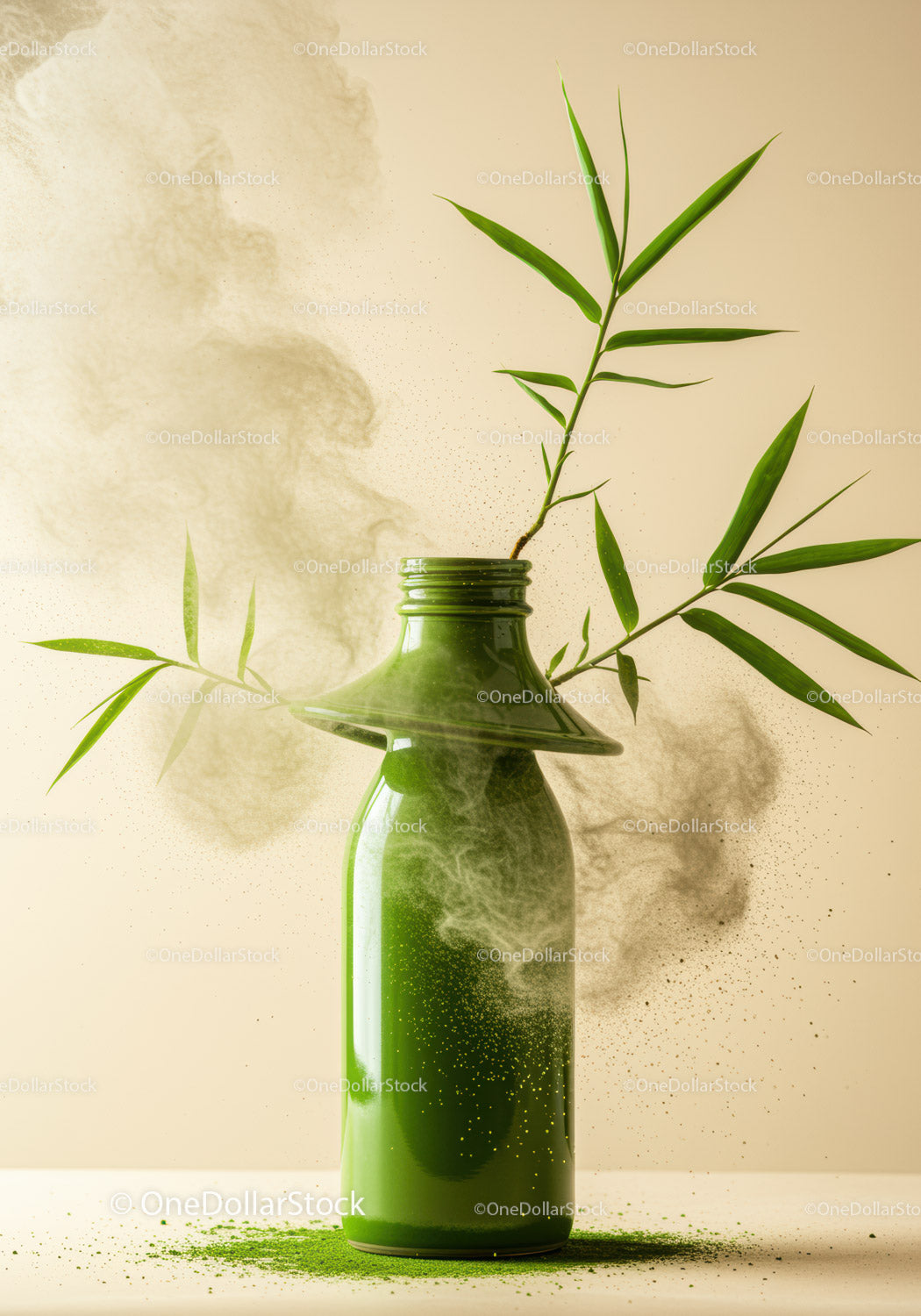 Green smoothie bottle with fresh bamboo leaves and powder