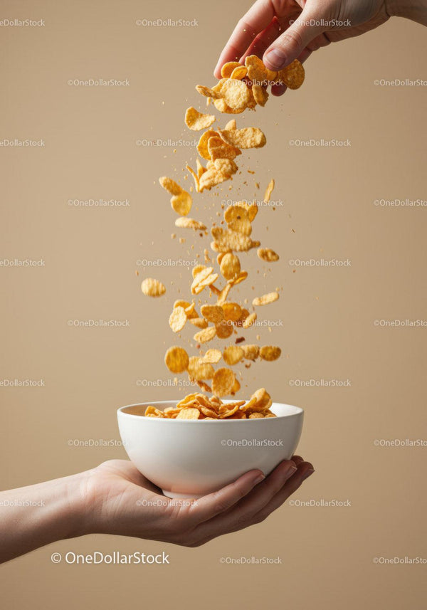 Hand Pouring Cornflakes into White Bowl Against Beige Background