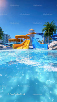 Colorful Water Slides at Outdoor Pool in Sunny Tropical Setting