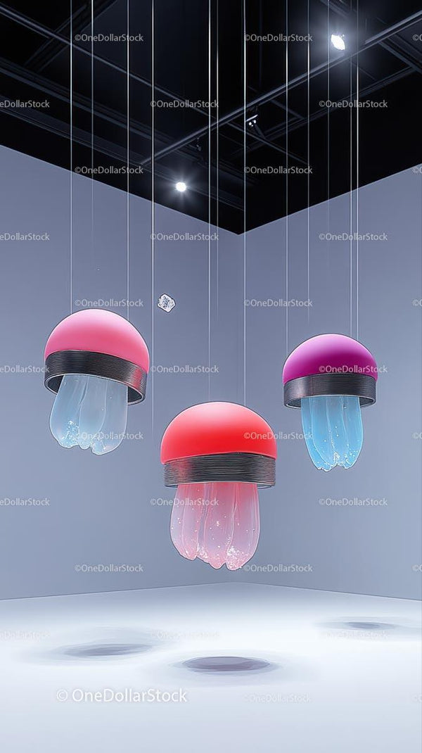 Futuristic Pink and Red Jellyfish Pendant Lights in Modern Interior