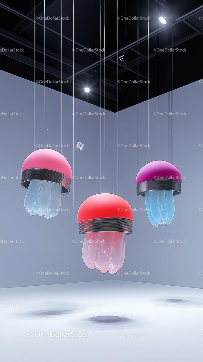 Futurystyczne różowe i czerwone lampy wiszące z motywem meduzy w nowoczesnym wnętrzu
