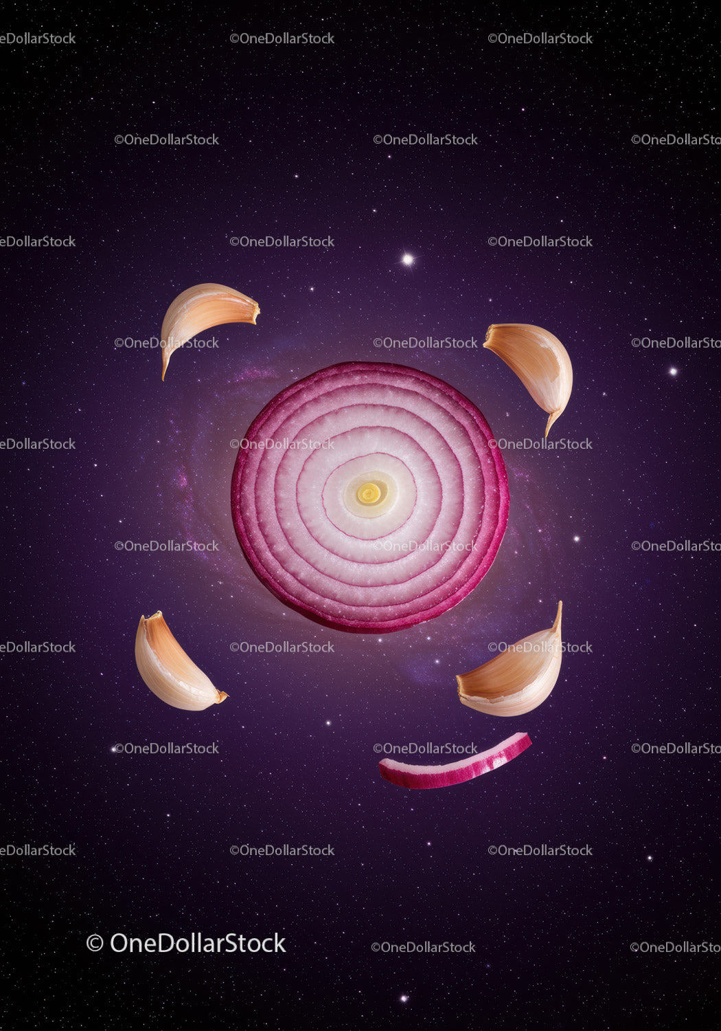 Sliced Red Onion with Garlic Cloves on Starry Background