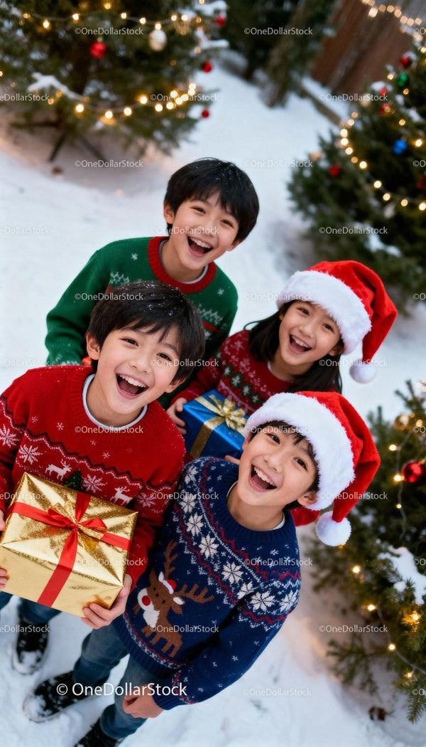 Joyful Children Celebrating Christmas Outdoors in Snow
