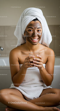 Happy Woman with Facial Mask and Towel Wrap in Bathroom
