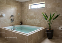 Luxury Bathroom with Stone Tiles and Indoor Spa Tub with Greenery