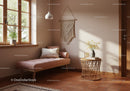 Cozy sunlit corner with blush daybed and natural decor