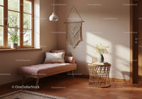 Cozy sunlit corner with blush daybed and natural decor