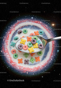 Colorful cereal in milk spoon with galaxy background